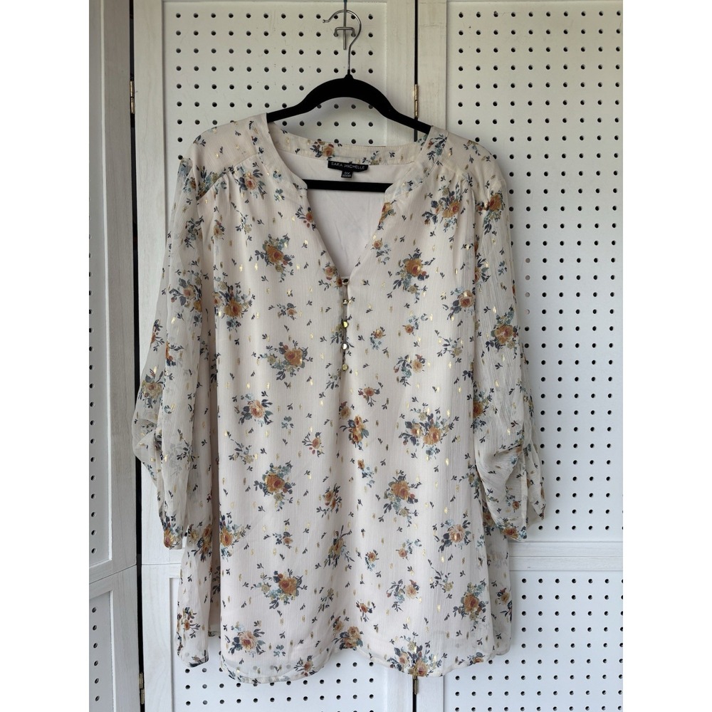 Sara Michelle Women's 2X Blouse Ivory Blue‎ Floral Gold Tone Buttons Fall Autumn
